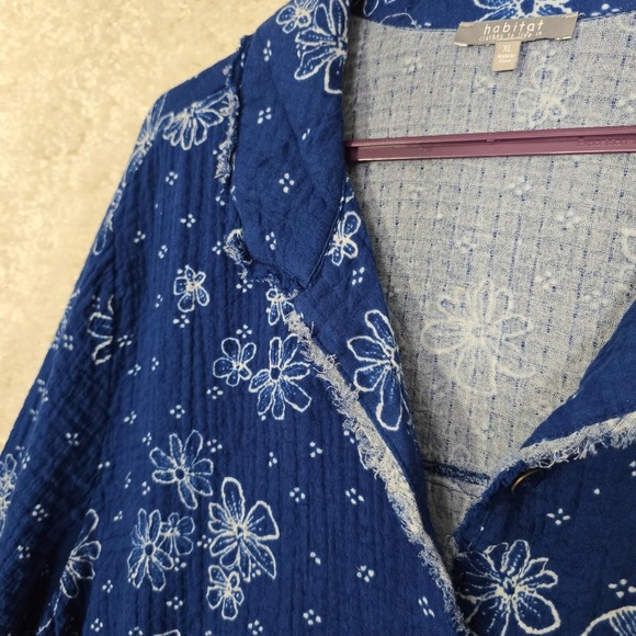 Habitat Womens Shirt XL Blue Floral Button Up Long Sleeve Raw Edges Lounge - Picture 4 of 13